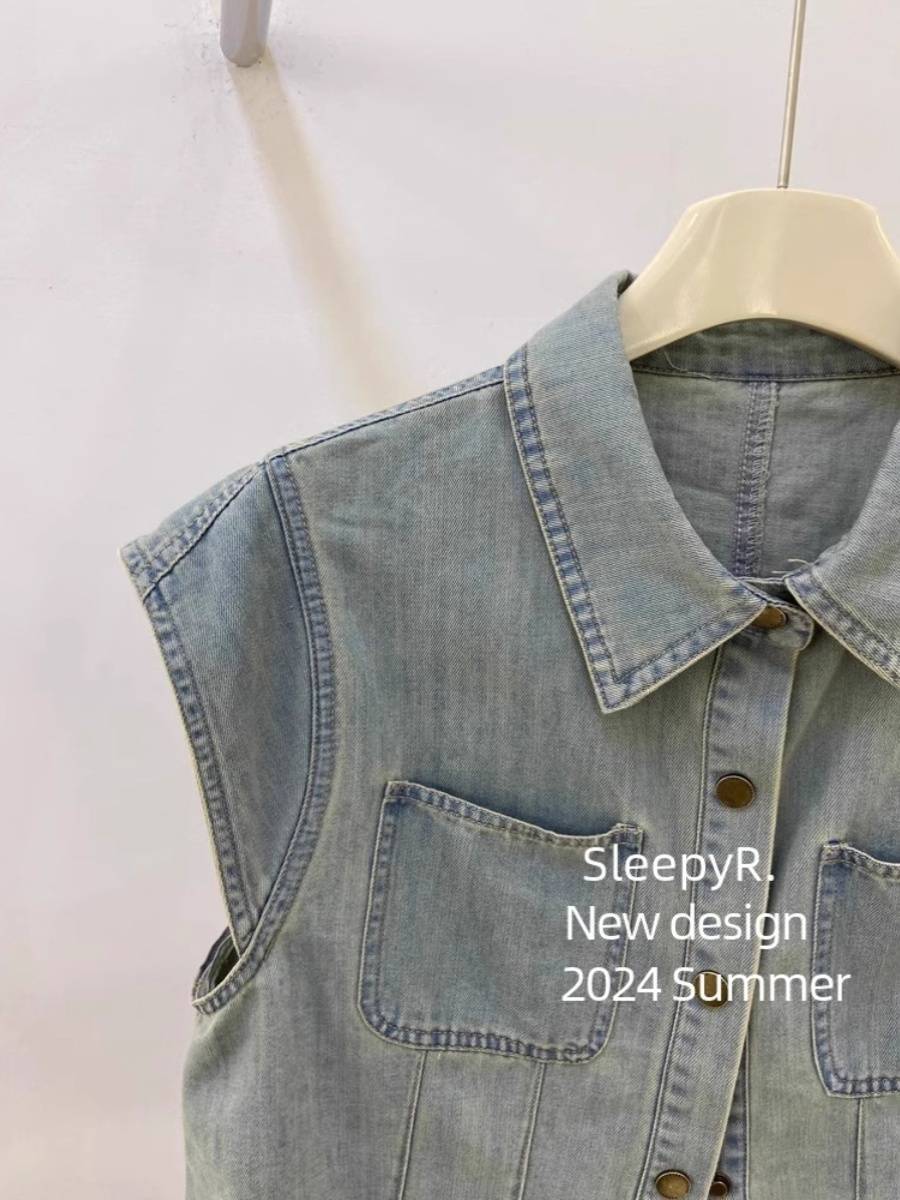 Retro small flying sleeve denim vest shirt jacket female summer thin French outer martial arts horses clip sleeveless top