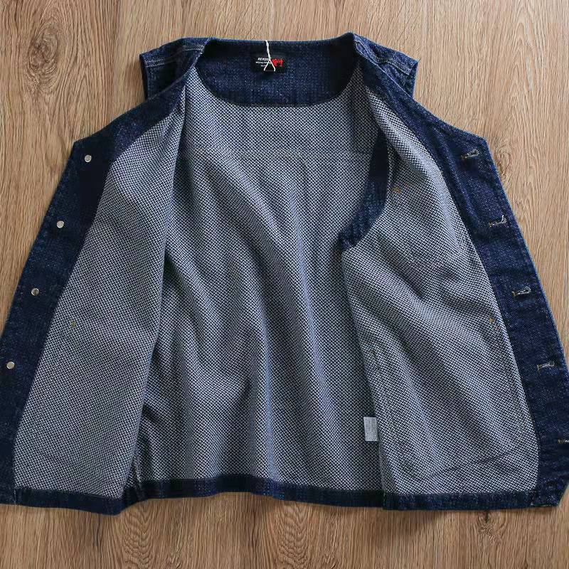 American retro pineapple granular texture water washing worker multi -pocket casual denim vest vest men and women, shoulder coat