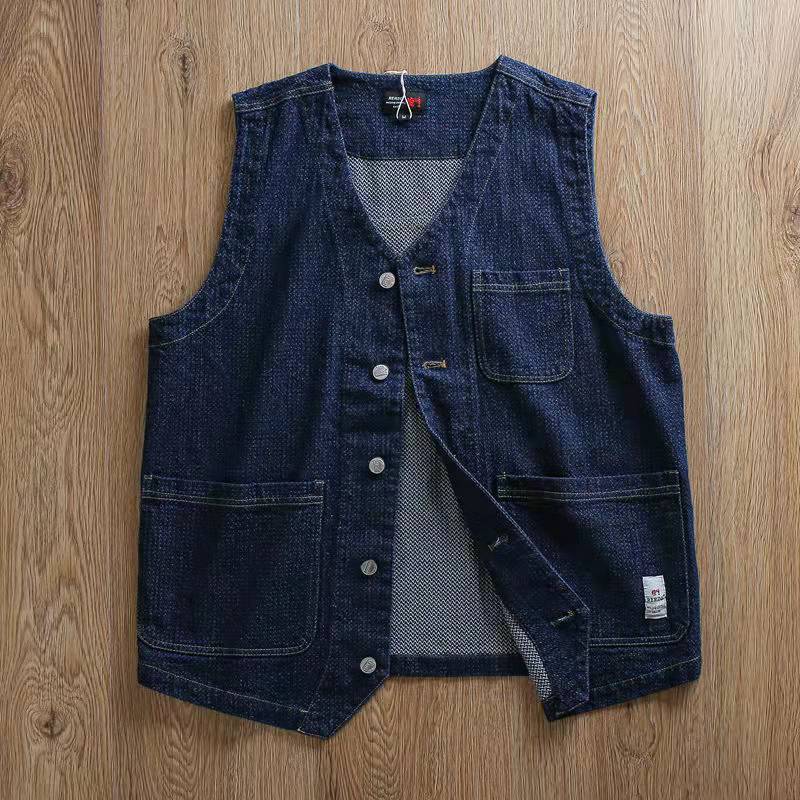 American retro pineapple granular texture water washing worker multi -pocket casual denim vest vest men and women, shoulder coat