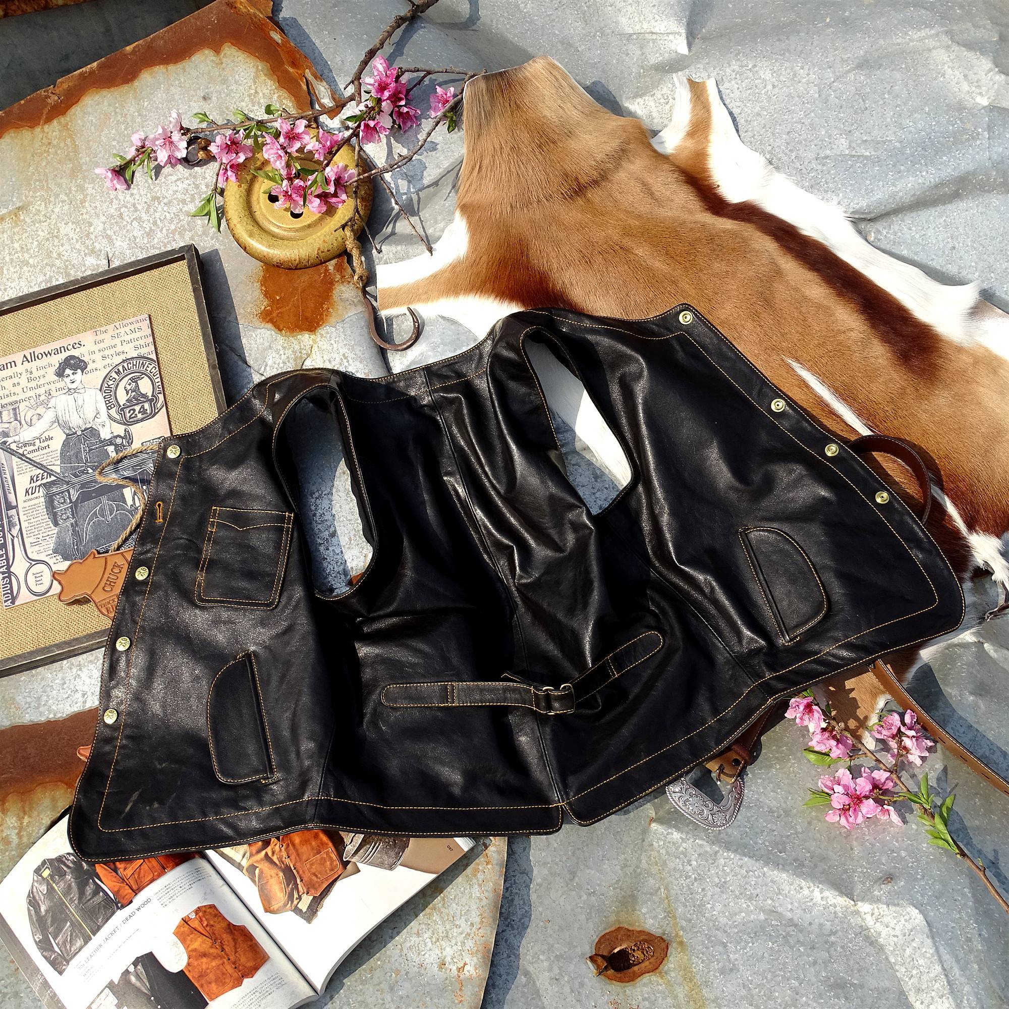Western Japanese vegetable tannal taboos!Unicorn buckle!Tianshen retro worker leather vest male vest