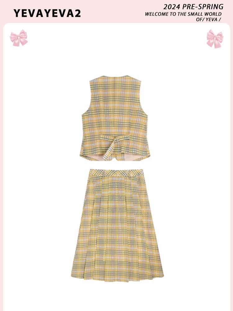 Yeva 24 Summer Comic Sensory Line Checai Southern French Bright Color Fold Fold Skirt Terminal Two -Piece