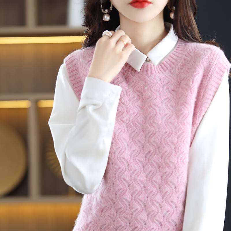 Wool horse vest, spring and autumn new slim sweater, sleeveless, shoulder hollow neck cashmere cashmere short horse clip