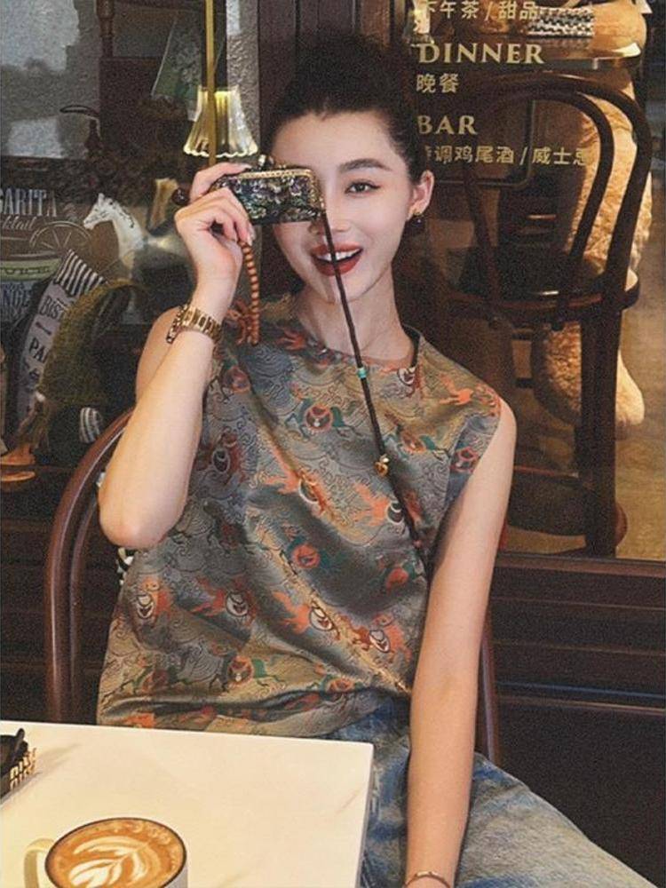 Summer new Chinese top 2024 new leisure old money, old money, Song Jinjin vest horses wearing national wind vest high -end