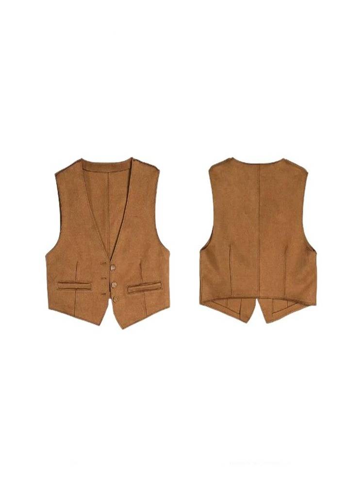 Retro suede V -neck horse Jia female summer national style with short loose vest stacking brown holiday top