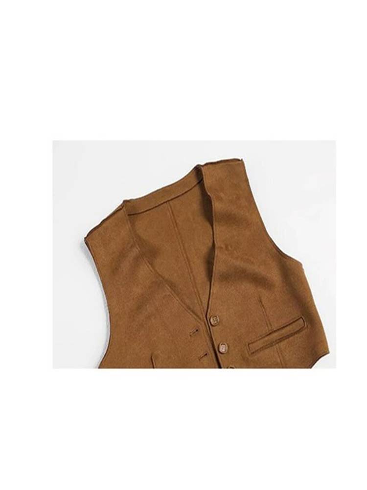 Retro suede V -neck horse Jia female summer national style with short loose vest stacking brown holiday top