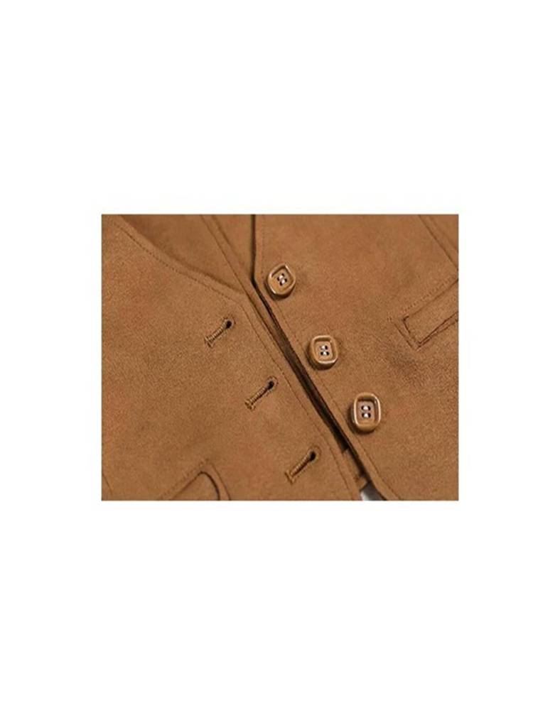 Retro suede V -neck horse Jia female summer national style with short loose vest stacking brown holiday top
