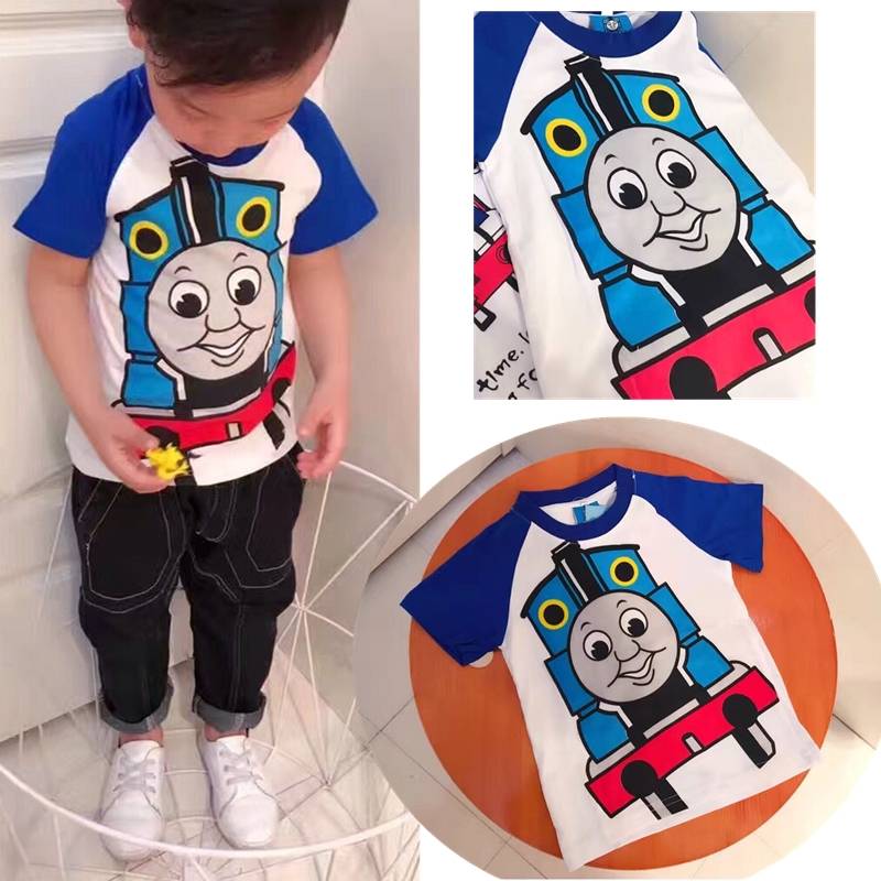 2024 Thomas Little Train Children's Summer Boys Cotton Short -sleeved T -shirt Baby Half -Sleeve Children Full Cotton Clothing