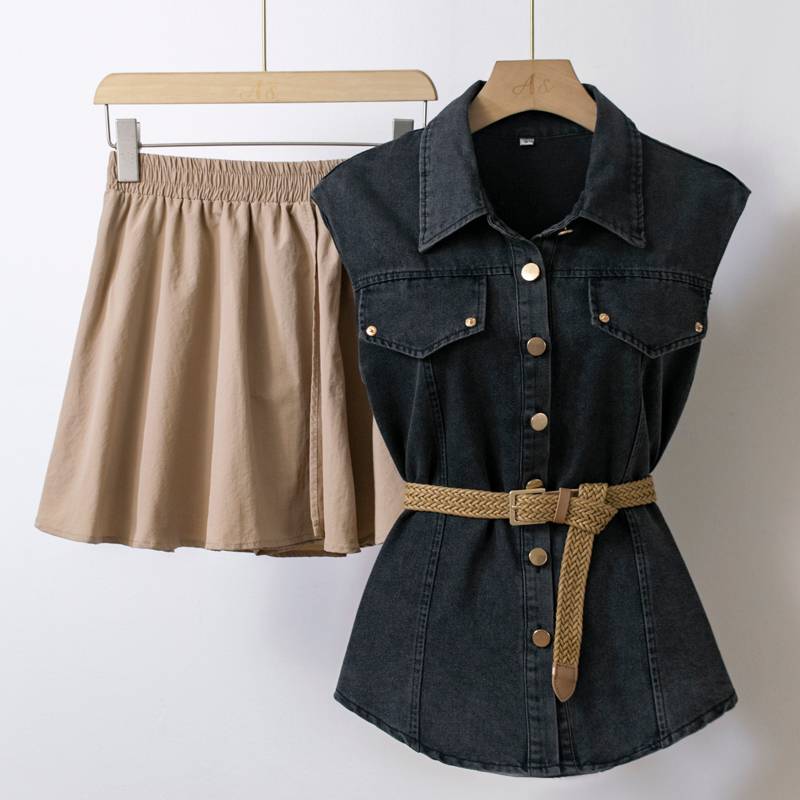 Denim vest dress fashion set Small design sense niche niche qi reduction, waist skirt, women's clothing women's clothing