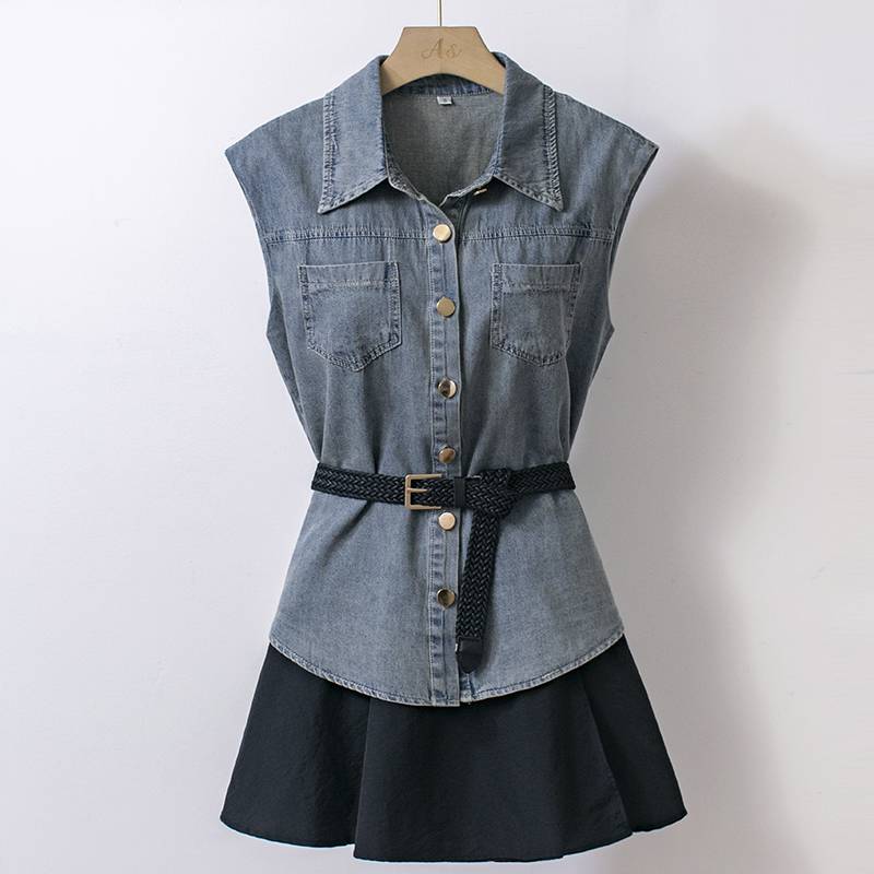 Denim vest dress fashion set Small design sense niche niche qi reduction, waist skirt, women's clothing women's clothing