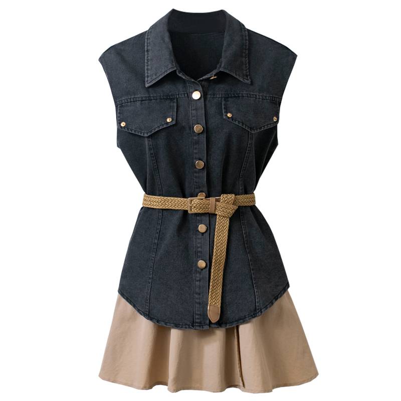 Denim vest dress fashion set Small design sense niche niche qi reduction, waist skirt, women's clothing women's clothing