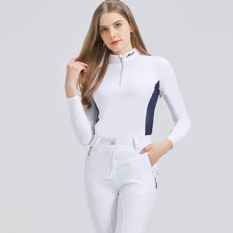 Summer ultra -thin tanker T -shirt ride on the pink female white stand -up collar horses ride test race college race clothing