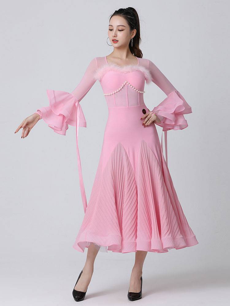 Danbao pink modern dance new national standard dance Walz dress dancing set exercise performance suit dress long sleeves