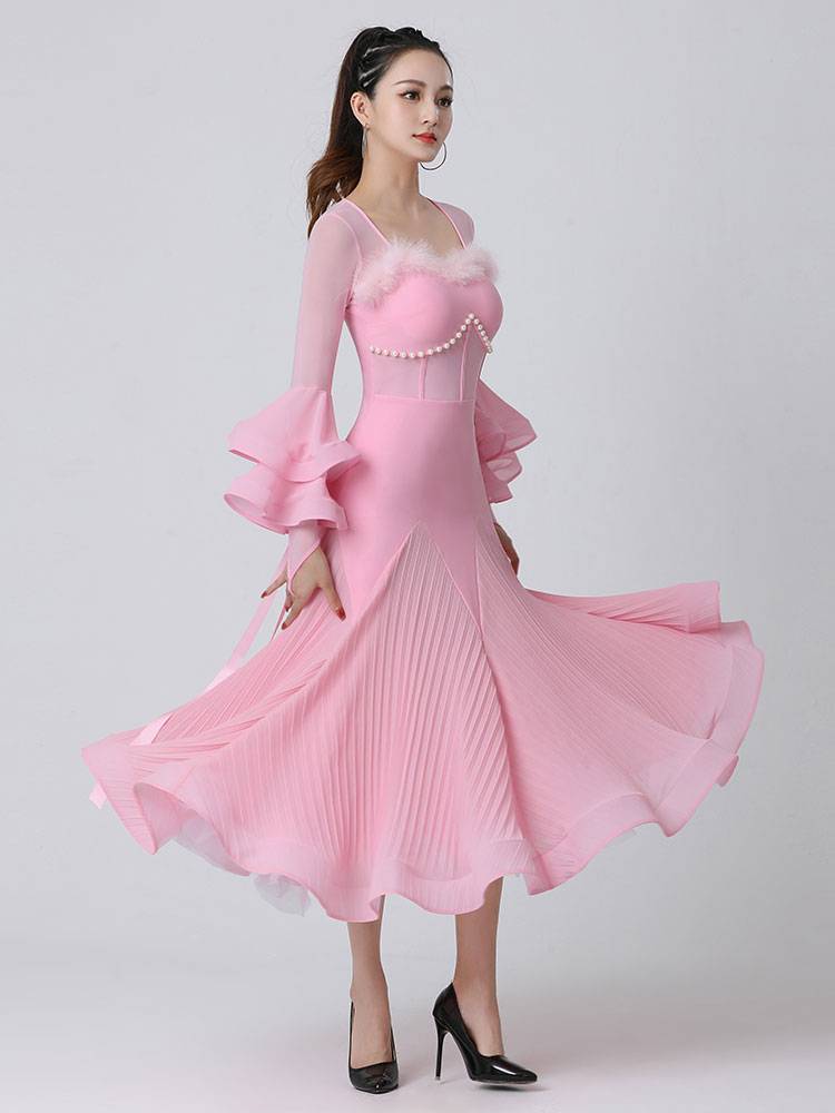 Danbao pink modern dance new national standard dance Walz dress dancing set exercise performance suit dress long sleeves