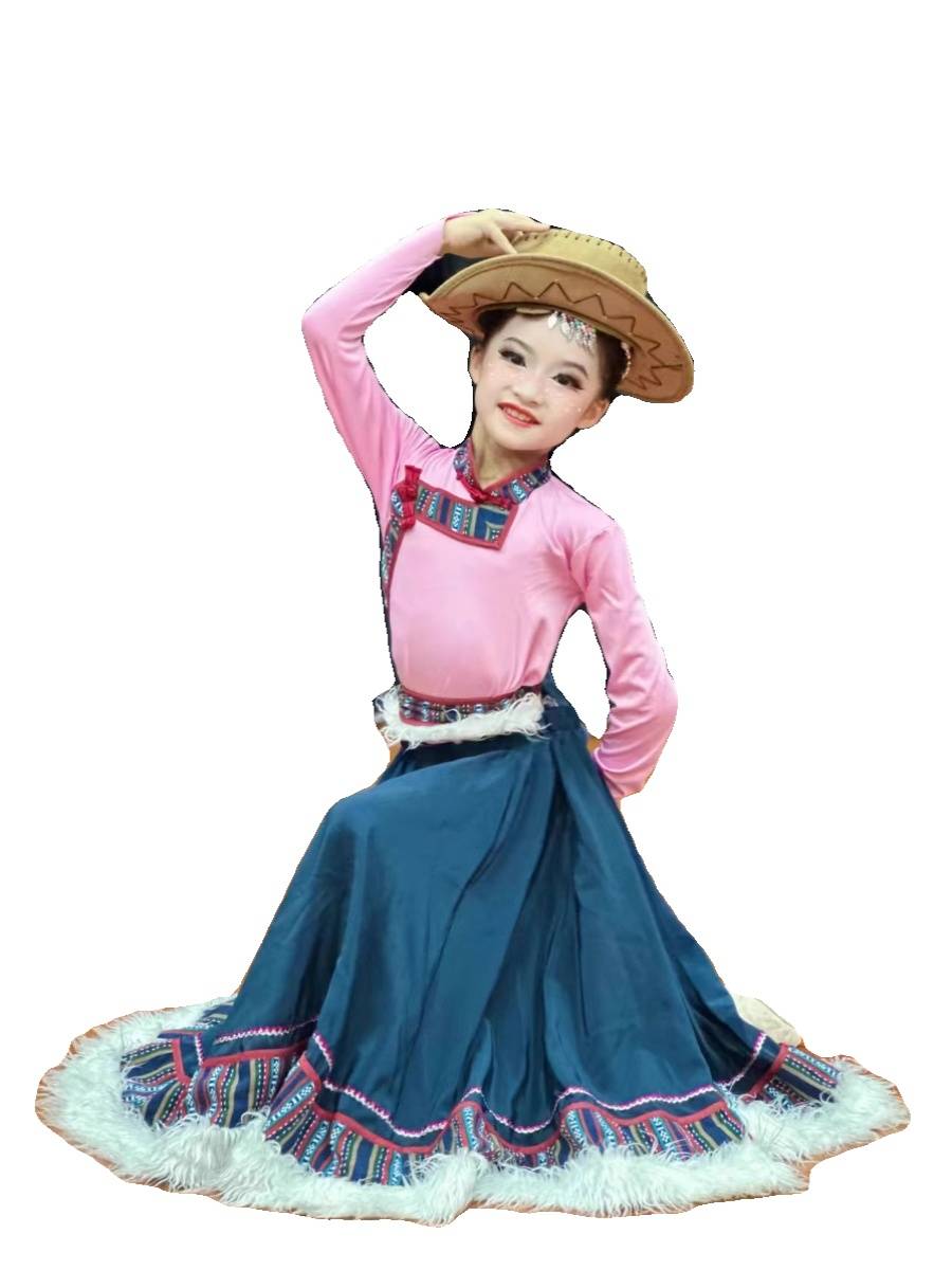 Children's Tibetan Performance Performance Performance Skirt Tibetan Dance Second Ren Losuo Girls Tibetan auspicious Reba Drum Drum Drum Dance