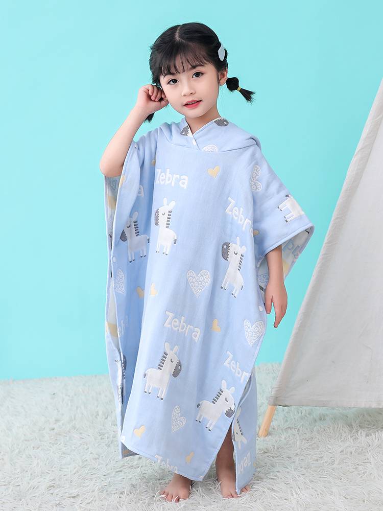 Children's bath towel cape with hat, cotton gauze water absorption cartoon can wrap the bathrobe baby wearing male summer and female swimming