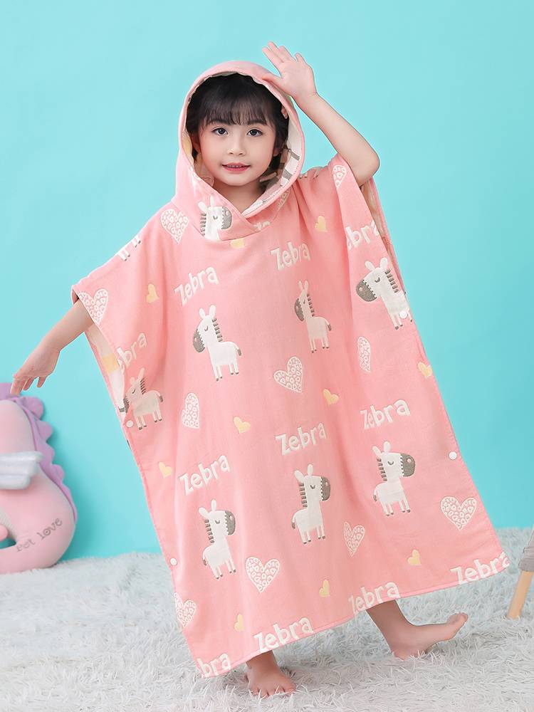 Children's bath towel cape with hat, cotton gauze water absorption cartoon can wrap the bathrobe baby wearing male summer and female swimming