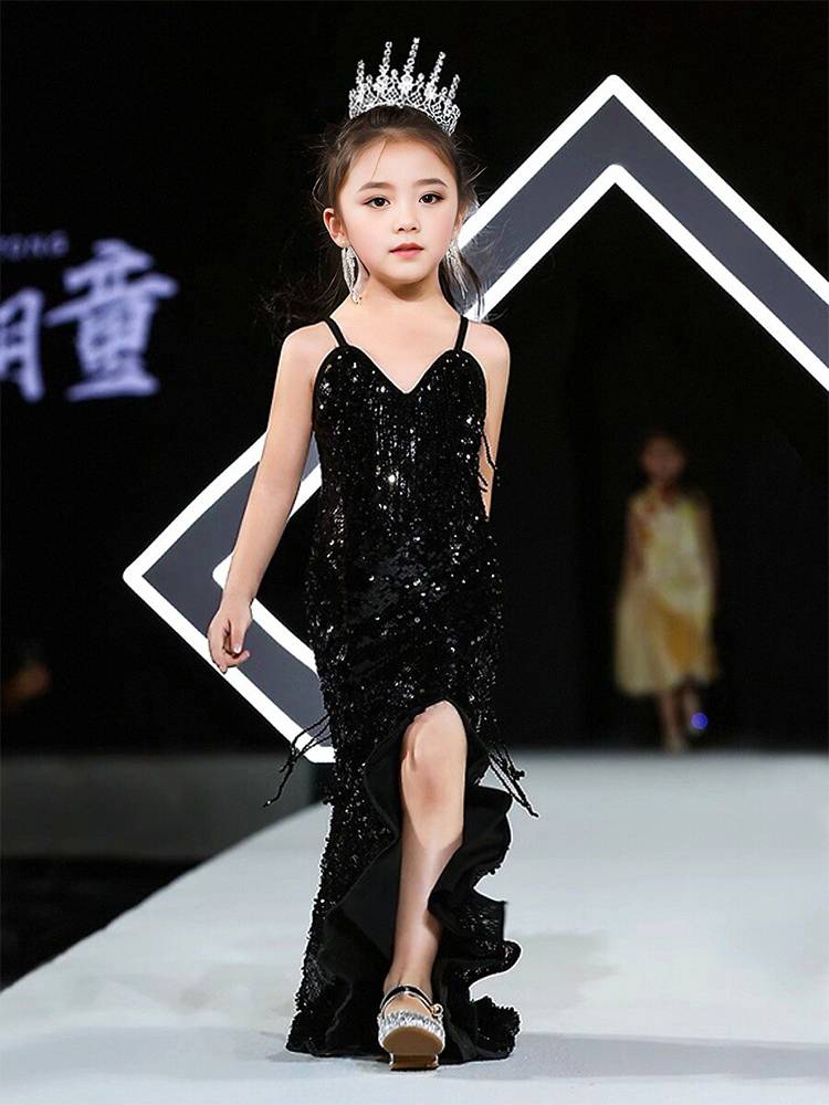 Children's Dress 2024 New Model Clothing Show Girl Black Fish Tail Skirt Violin Fashion Performance Service Tide