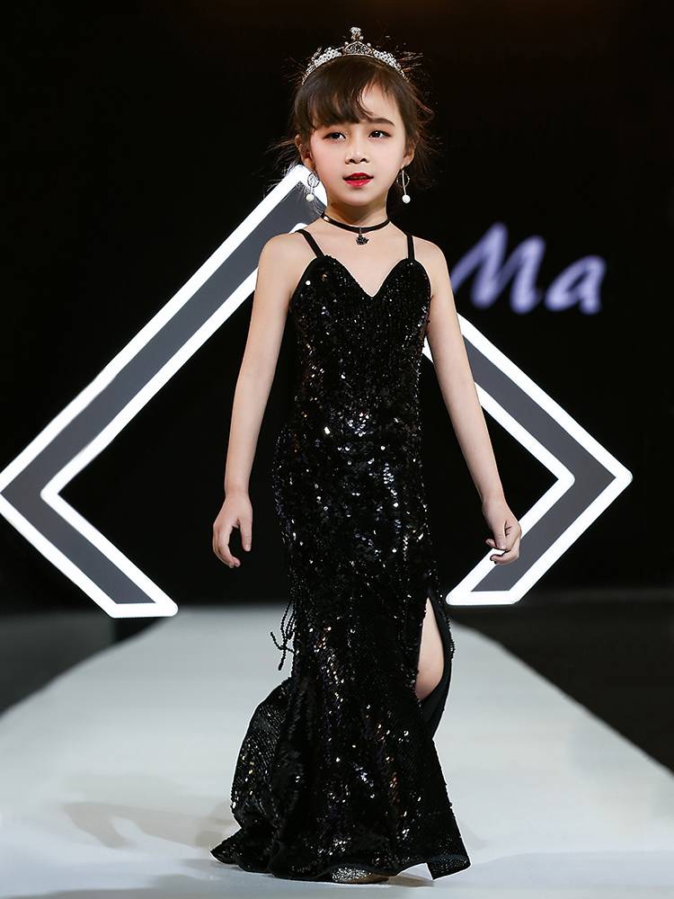 Children's Dress 2024 New Model Clothing Show Girl Black Fish Tail Skirt Violin Fashion Performance Service Tide