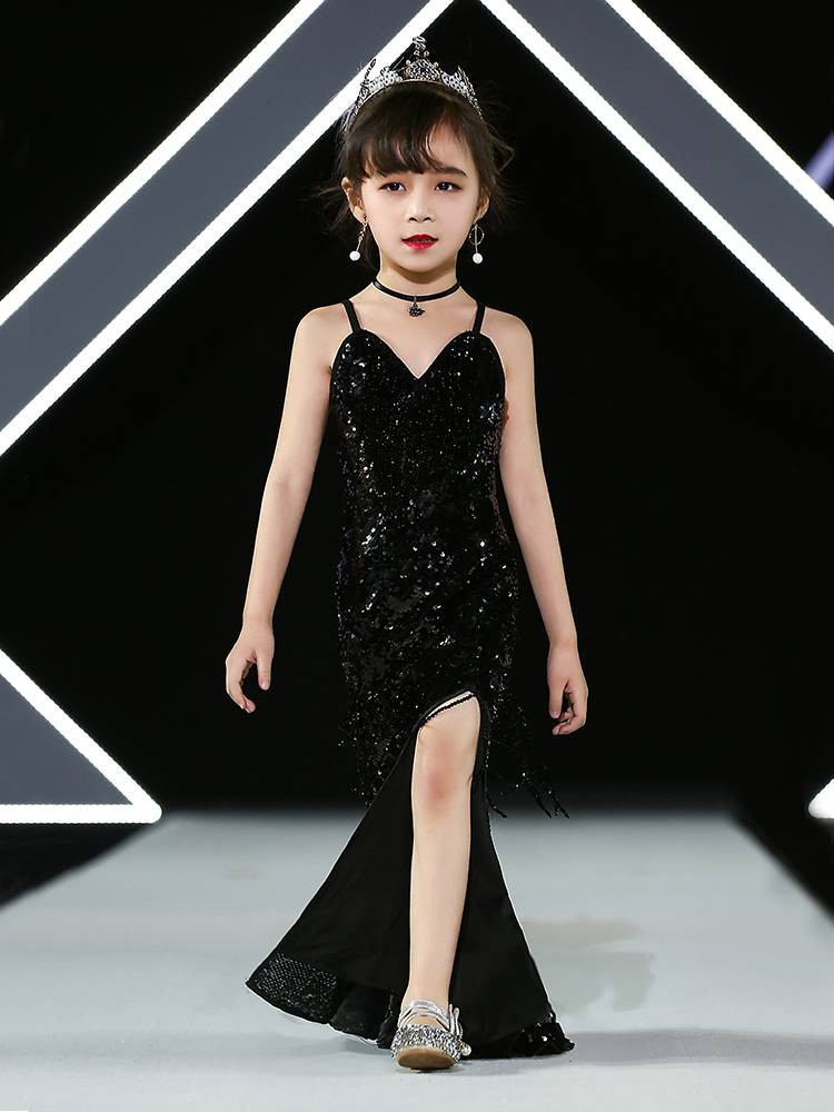 Children's Dress 2024 New Model Clothing Show Girl Black Fish Tail Skirt Violin Fashion Performance Service Tide