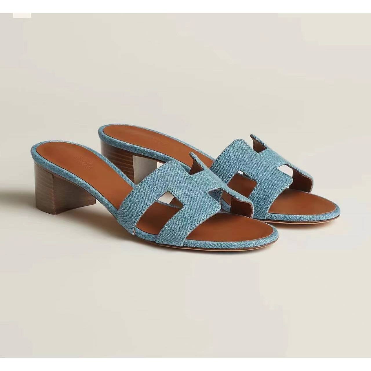 Spot HERMES 23 new ORAN H slippers denim heels and slippers women's shoes summer sandals