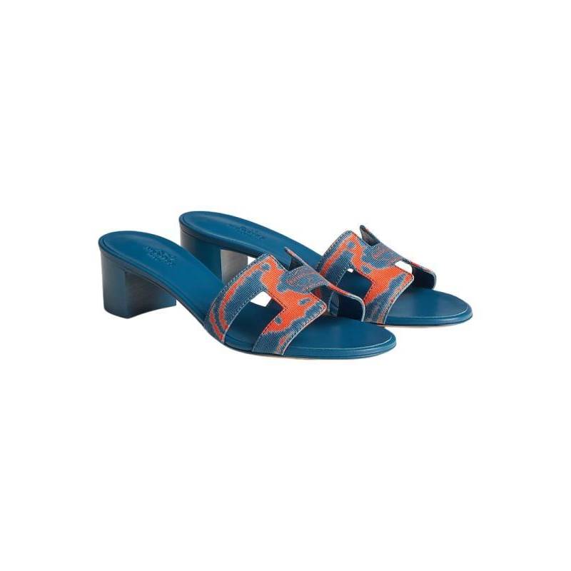 Hermes/Hermes Woman Shoes Blue Cotton Canvas Print H pattern high -heeled sand slippers