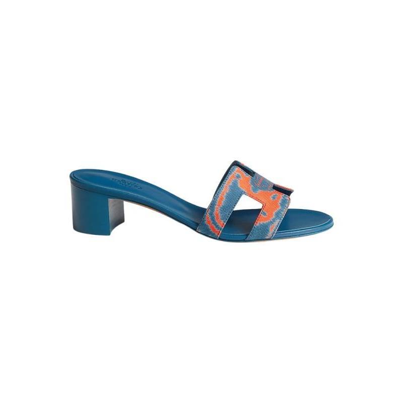 Hermes/Hermes Woman Shoes Blue Cotton Canvas Print H pattern high -heeled sand slippers