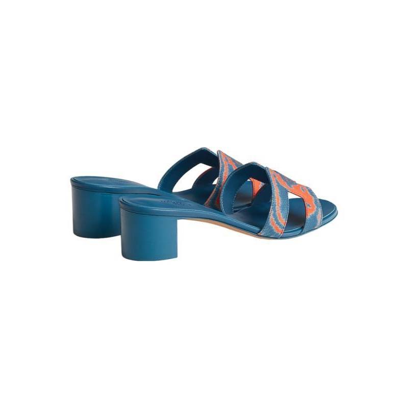 Hermes/Hermes Woman Shoes Blue Cotton Canvas Print H pattern high -heeled sand slippers