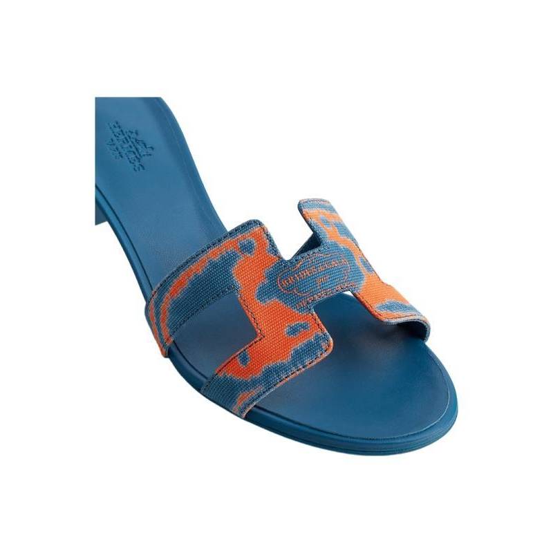 Hermes/Hermes Woman Shoes Blue Cotton Canvas Print H pattern high -heeled sand slippers