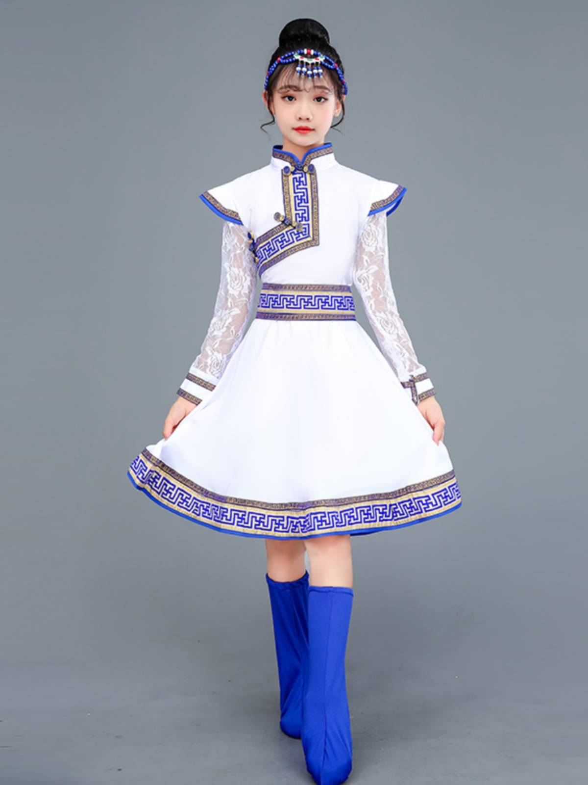 Children's Mongolian Grassland Small steed dance clothing girl white auspicious Mongolian clothing chopsticks dance performance white horses