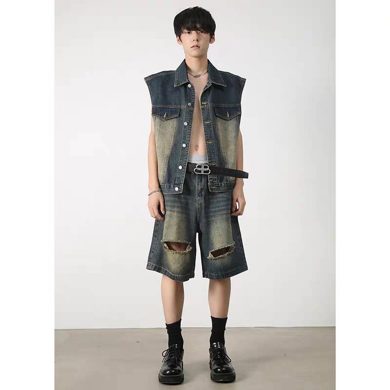 PIFU retro water washing denim vest rockery shorts set Men and women in summer street loose sleeveless jacket