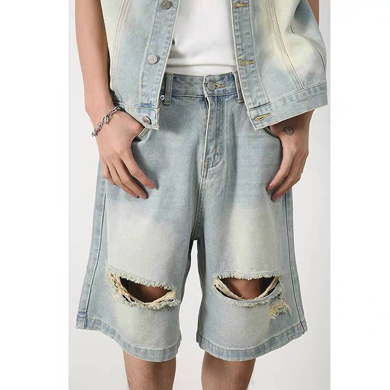 PIFU retro water washing denim vest rockery shorts set Men and women in summer street loose sleeveless jacket