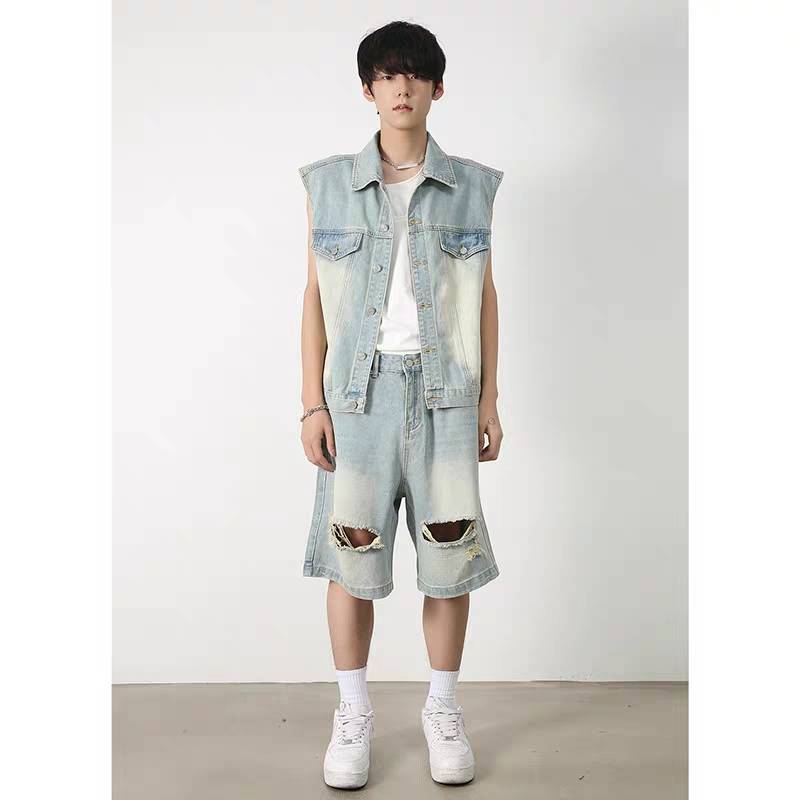 PIFU retro water washing denim vest rockery shorts set Men and women in summer street loose sleeveless jacket