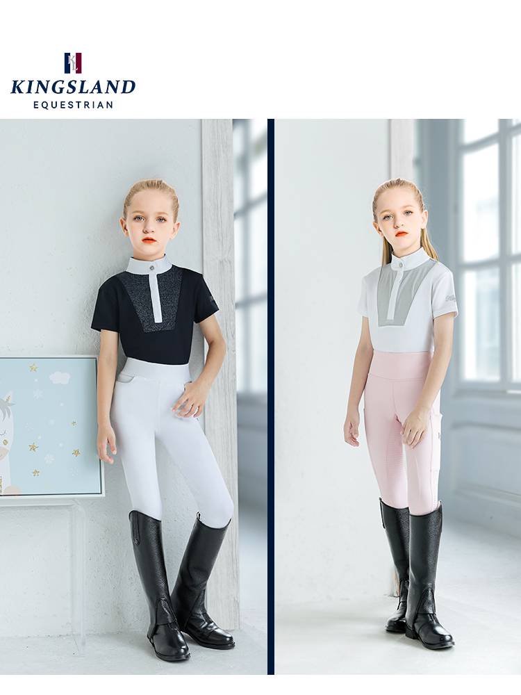 335 Europe imported kingsland Children's summer ultra -thin equestrian riding silver shirt short -sleeved girl