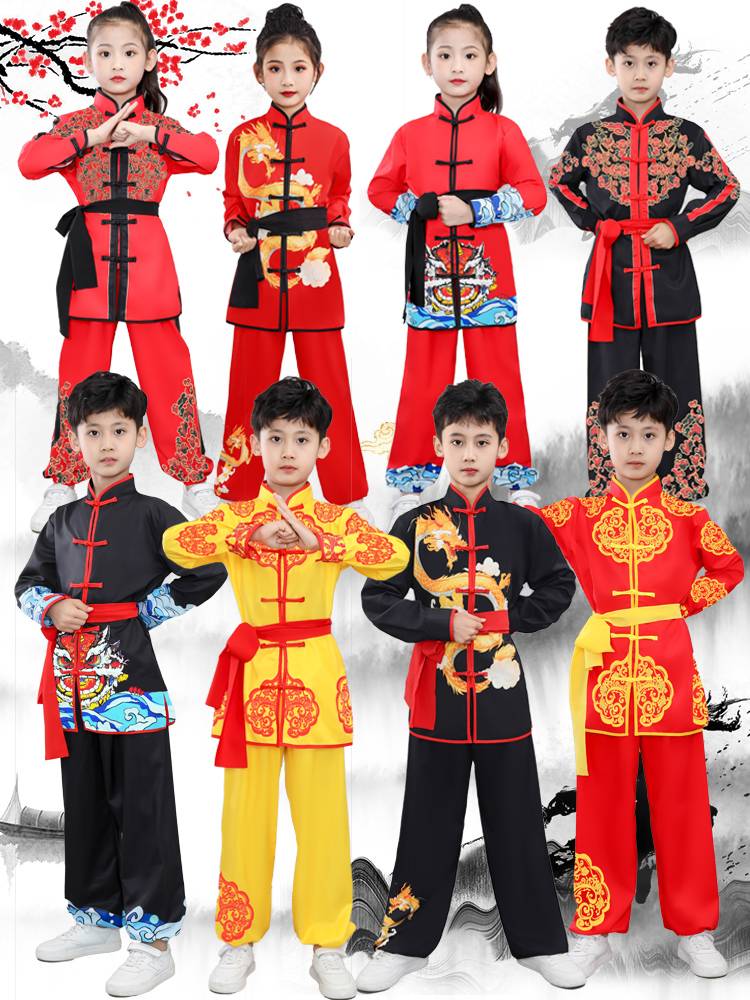 Children's martial arts suit showing men and girls martial arts exercise Chinese style Tai Chi training playing drum dance dance dragon performance clothing