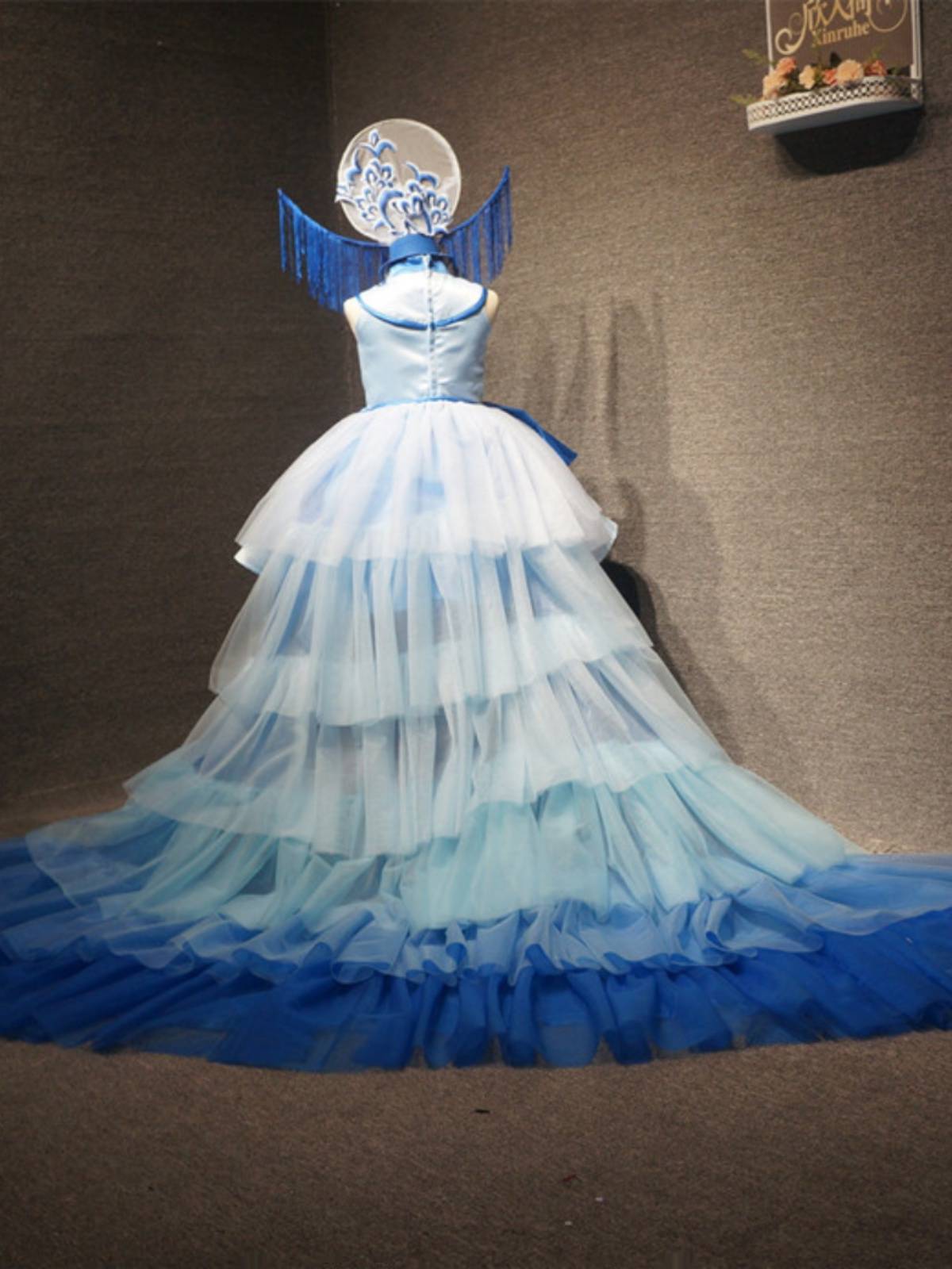 Xinji Children's Blue Dragon Dress Girl Blue and White Porcelain Chinese Wind Motor Stecule Performance Performance Service