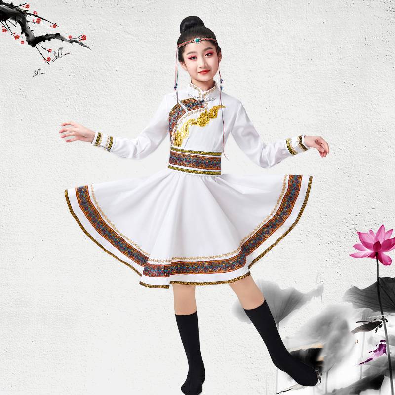 Mongolian children danced and dressed in female Monk robes, Mongolian national minority white horses