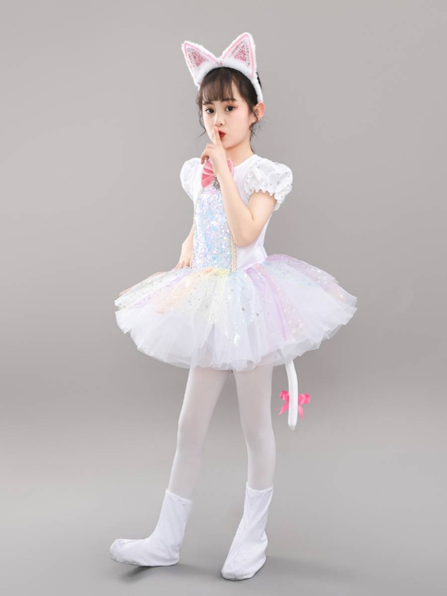 Children's Animal Services Children's Dance Study Mat called Persian Cat Performing Girl White Skirt Cute Clothing