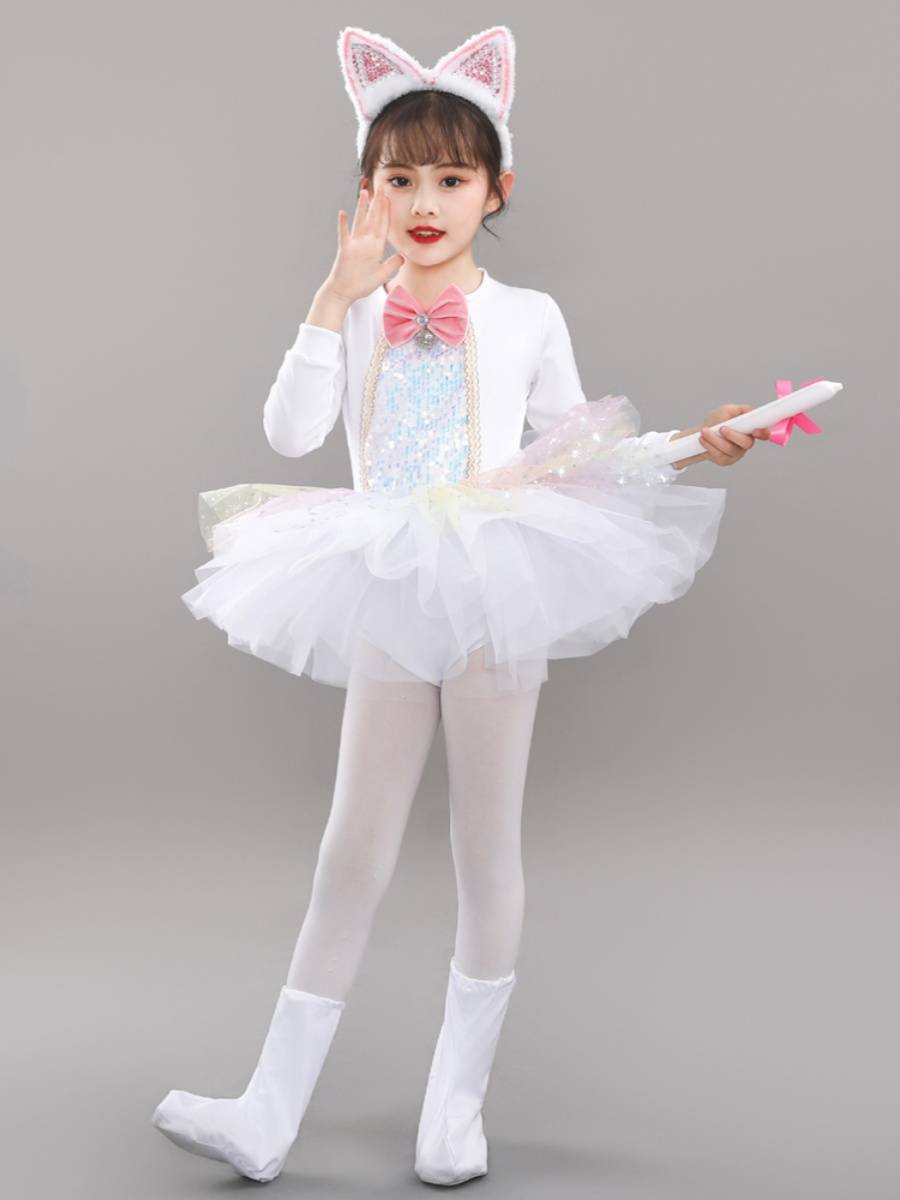 Children's Animal Services Children's Dance Study Mat called Persian Cat Performing Girl White Skirt Cute Clothing