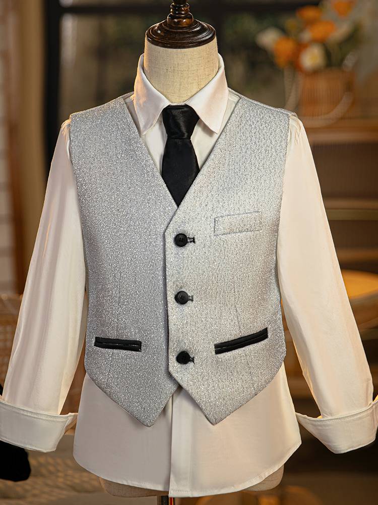 Children's suit suit boys silver sequins stage catwalk host dress flower piano performance service summer