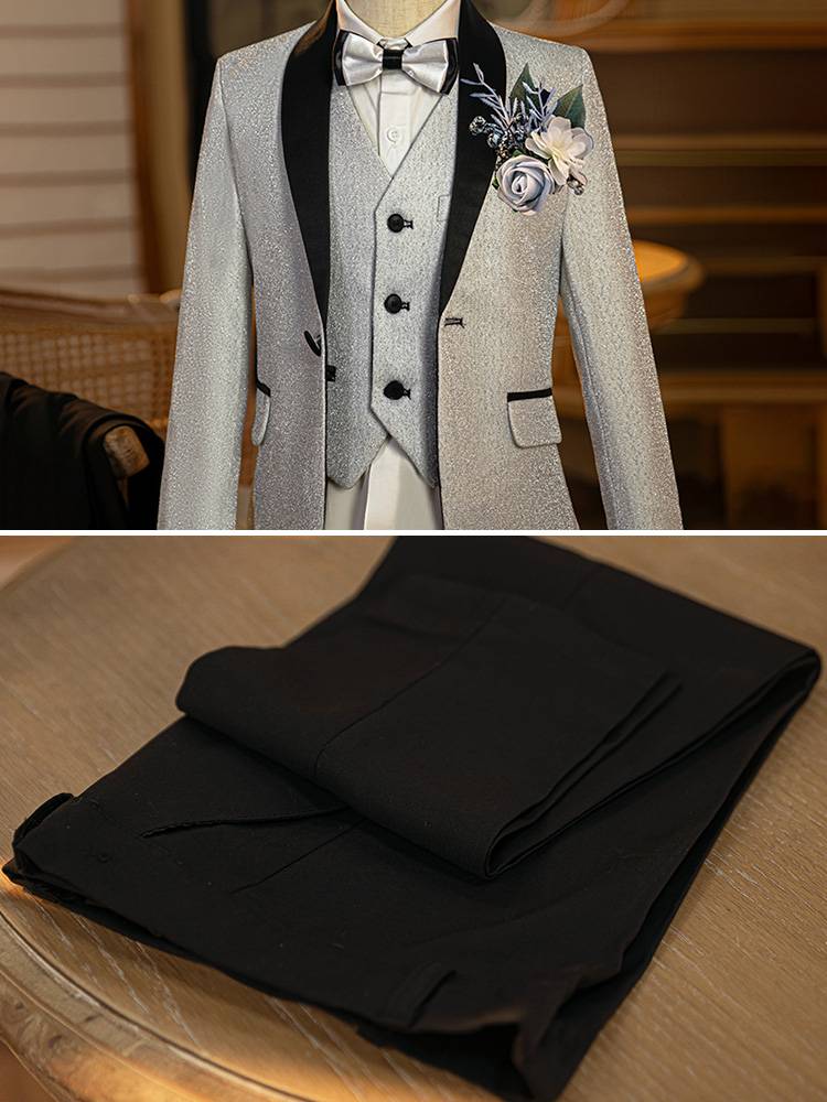 Children's suit suit boys silver sequins stage catwalk host dress flower piano performance service summer
