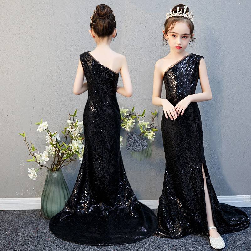 Girl host evening dress Shoulder black children's mop long skirt performance children's model catwalk show fashion