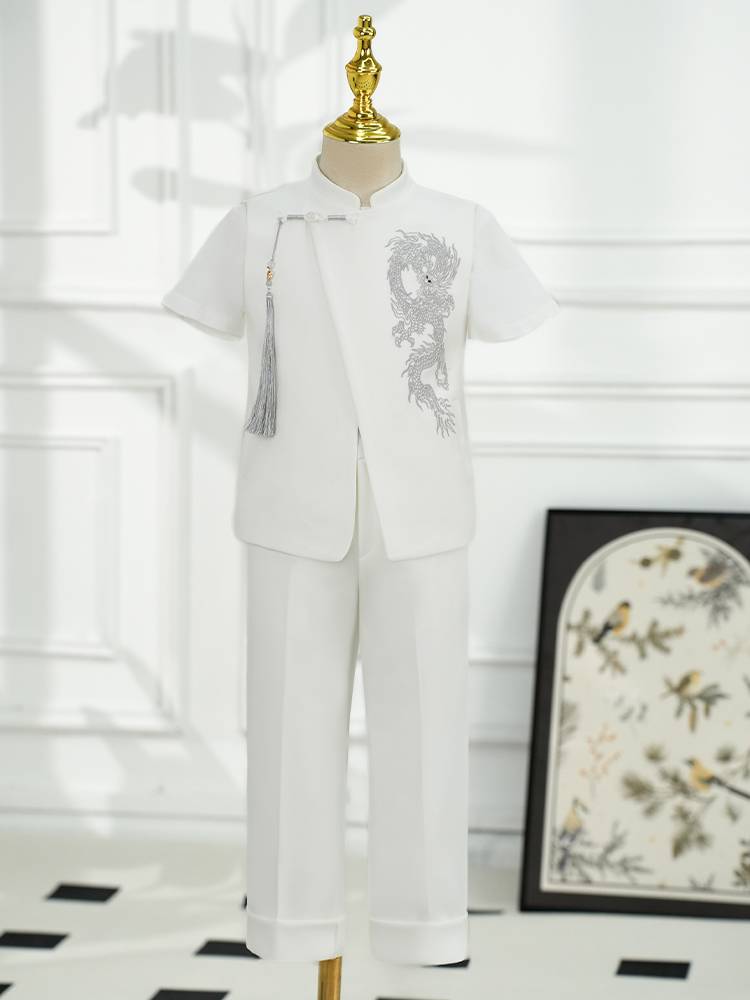 Children's suit set 2024 new summer Chinese host dress boy white piano performance birthday