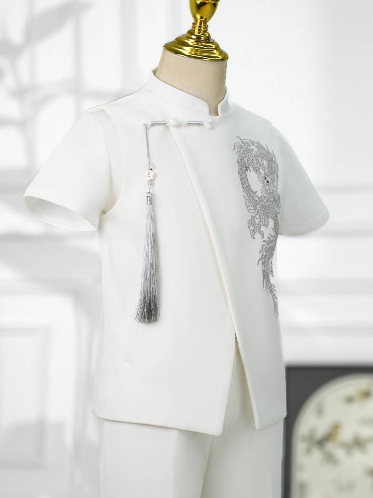 Children's suit set 2024 new summer Chinese host dress boy white piano performance birthday
