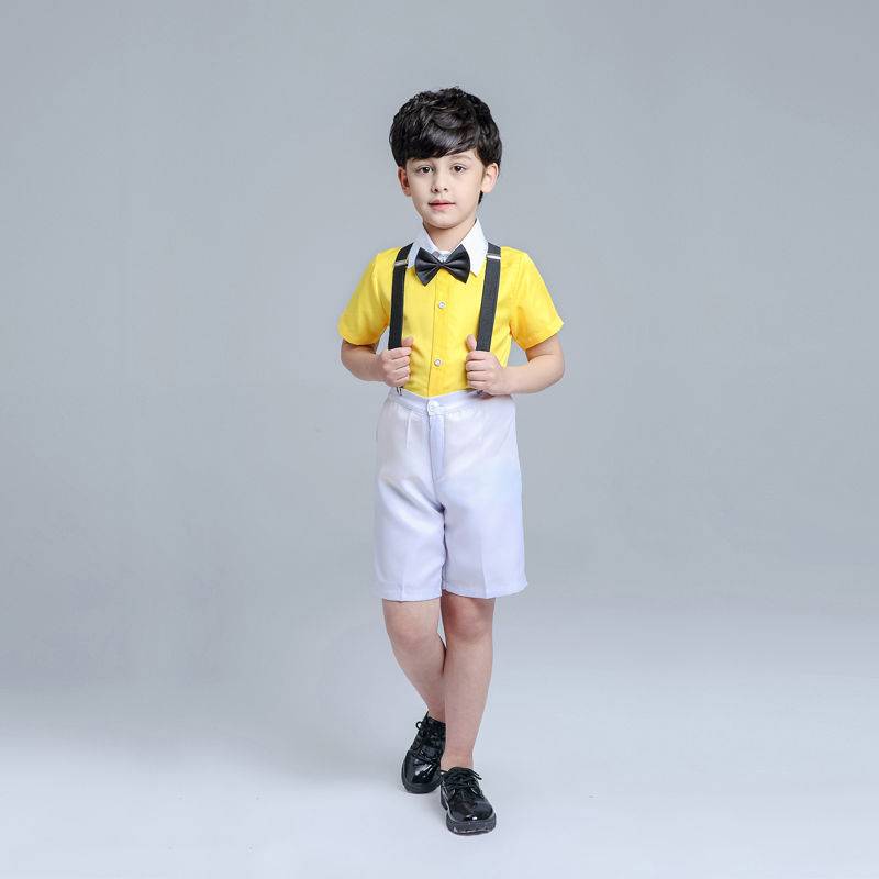 Yellow shirt + white shorts + two tie + back belt + socks