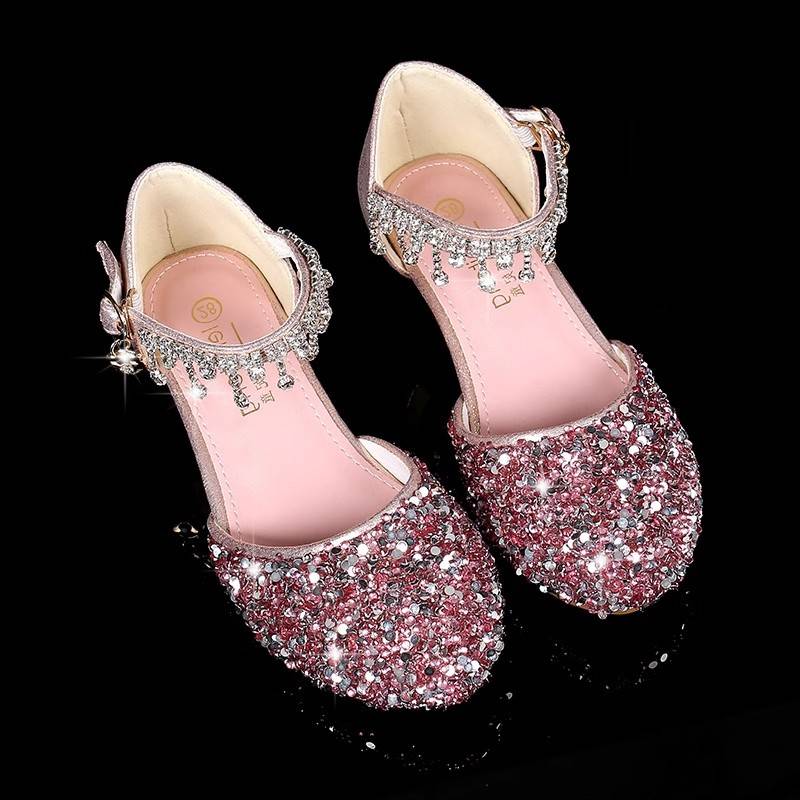 Girls' Shoes Princess Shoes Aisha Crystal Dress Piano Walking Single Shoes Silver High -Hee small leather shoes Children's performance shoes
