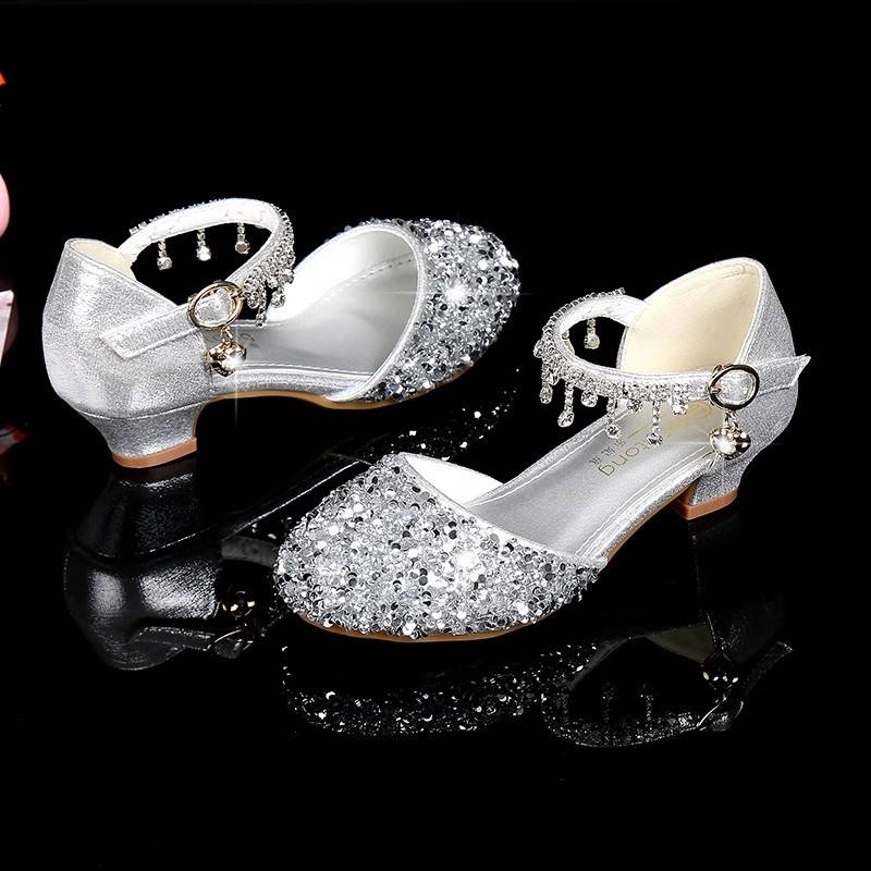 Girls' Shoes Princess Shoes Aisha Crystal Dress Piano Walking Single Shoes Silver High -Hee small leather shoes Children's performance shoes