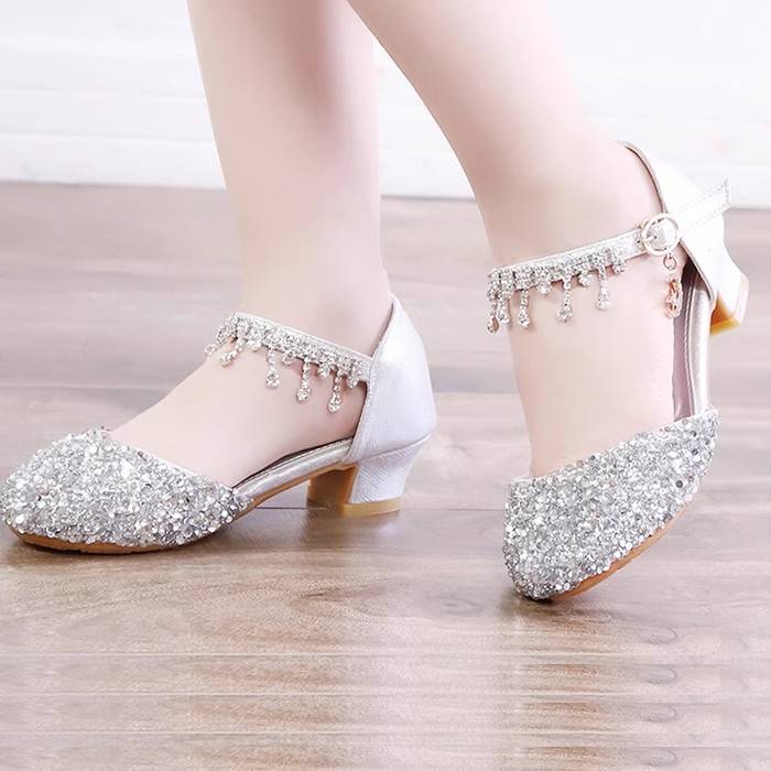 Girls' Shoes Princess Shoes Aisha Crystal Dress Piano Walking Single Shoes Silver High -Hee small leather shoes Children's performance shoes