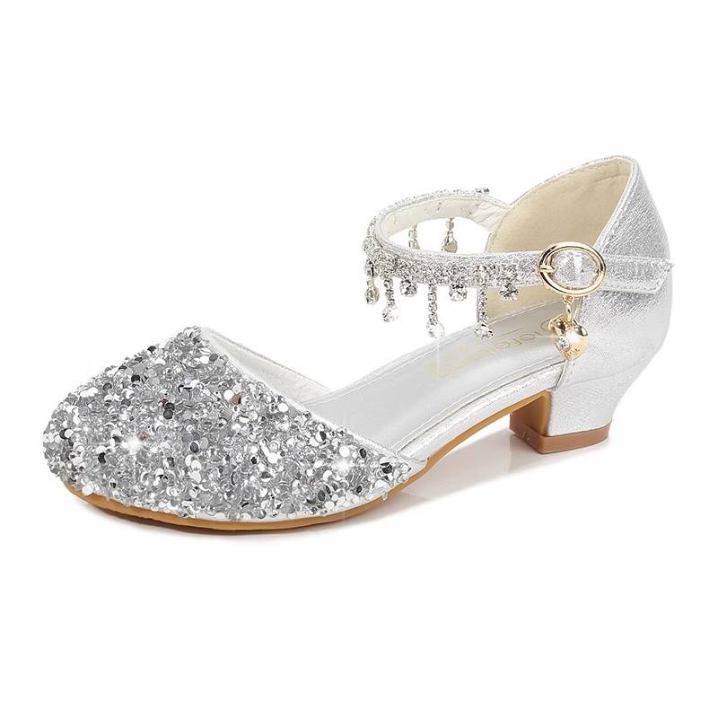 Girls' Shoes Princess Shoes Aisha Crystal Dress Piano Walking Single Shoes Silver High -Hee small leather shoes Children's performance shoes