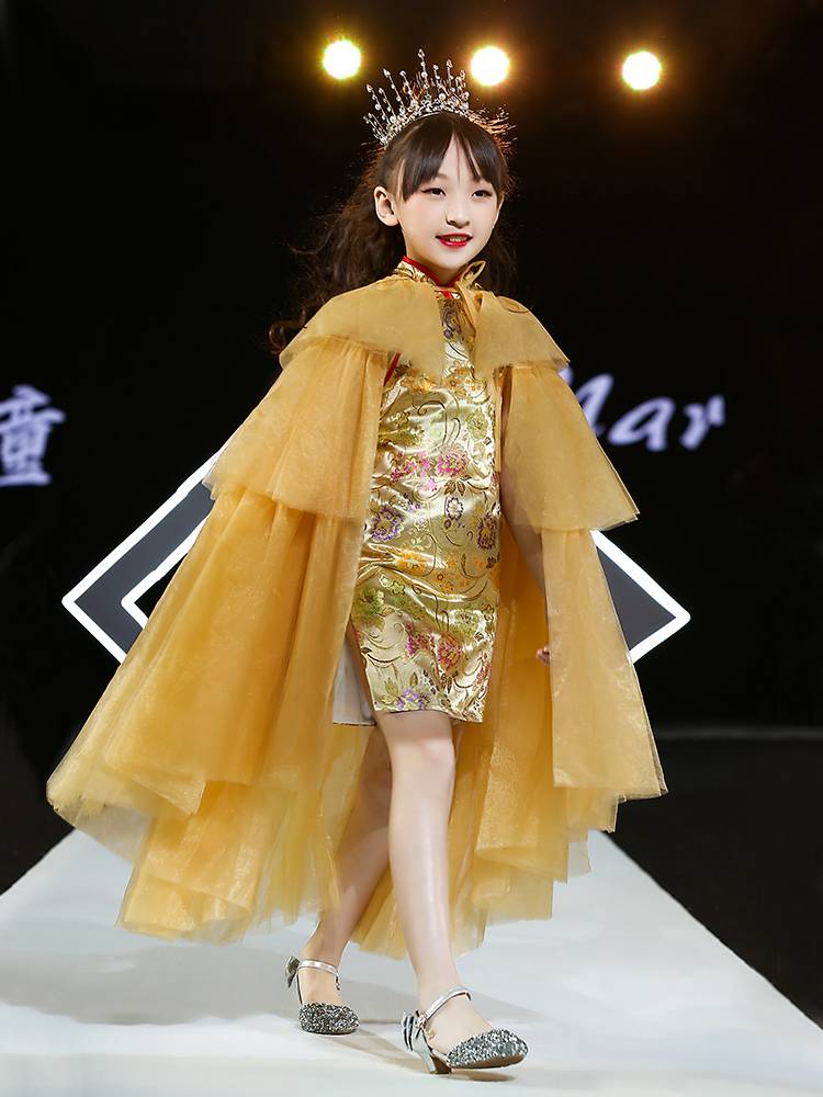 Children's dress girl cheongsam guzheng performance service national tide model walk show high -end piano host performance evening dress