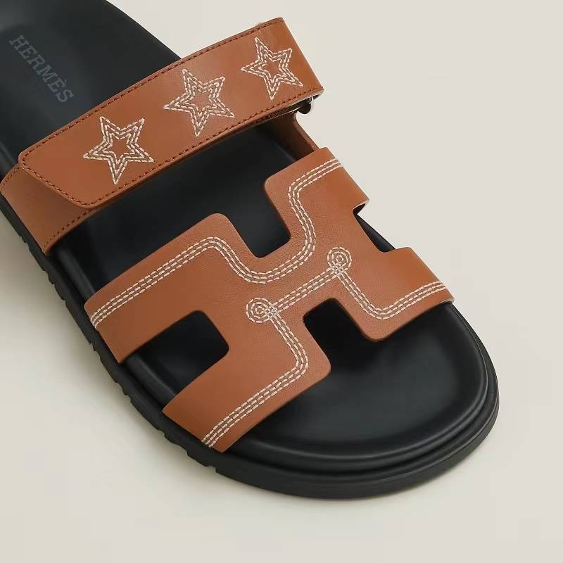 HERMES/Hermes Women's Shoes 2024 New Embroidery calfskin function sandals rubber sole slippers casual